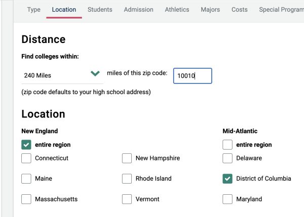 Naviances location filter in their Advanced College Search tool.