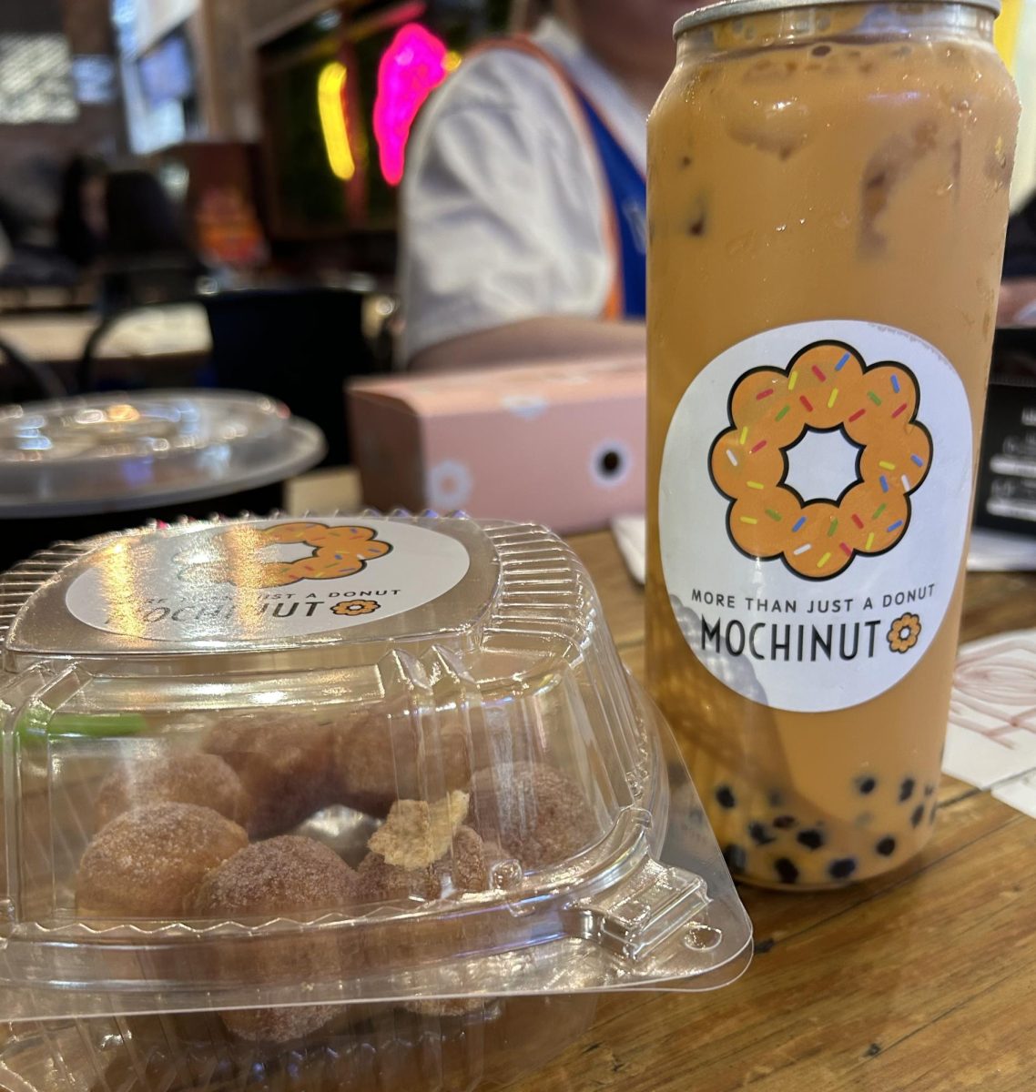 Boba drink and mochi donut.