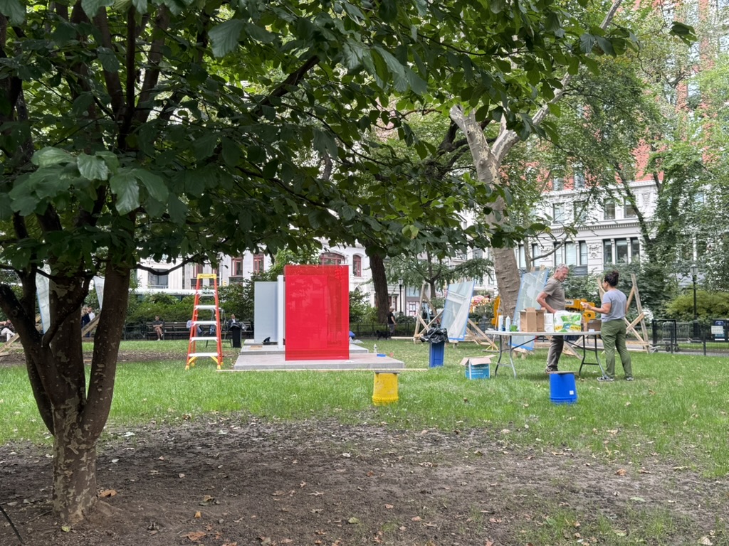 Volunteers work on new sculptures in Madison Square Park