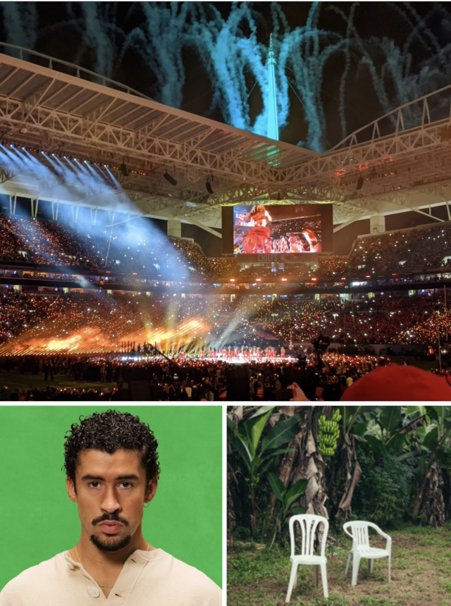 Top: The Super Bowl halftime show. Bottom left: Bad Bunny poses for a studio portrait. Bottom right: Bad Bunny's album cover, DeBÍ TiRAR MáS FOToS.