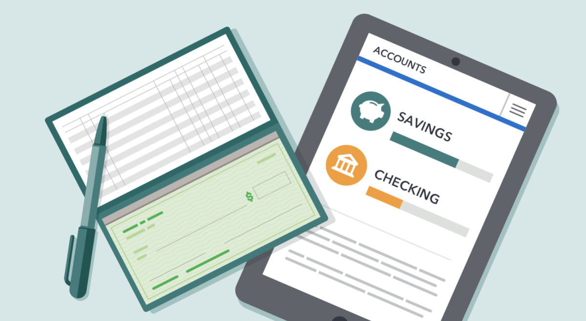 Financial tools: A checkbook, a savings account, and checking account.