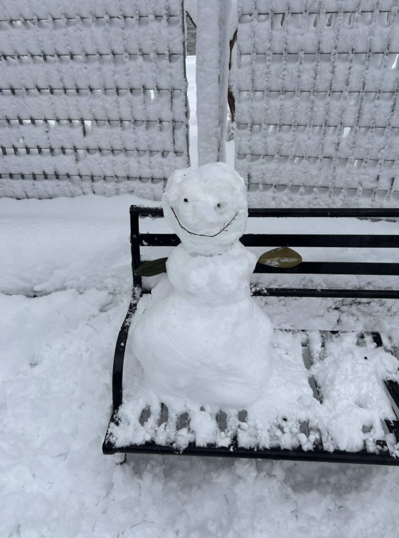 A snowman on a bench